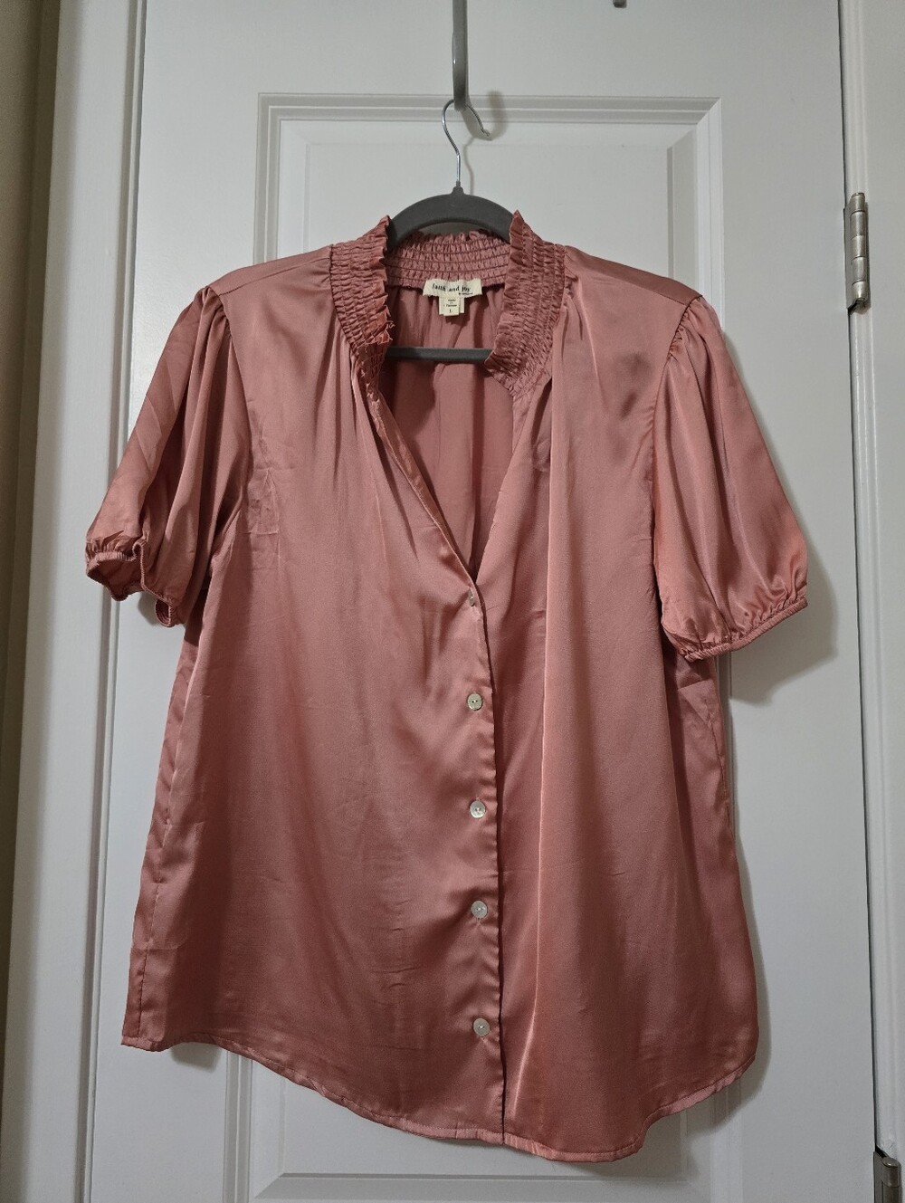 Faith and Joy Dusty Rose Satin Smocked Collar Blouse, Size L